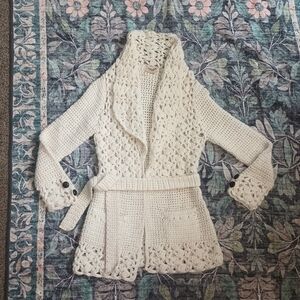 Kenji Handknit Y2K Chunky Crochet Belted Cardigan Small Cream Open Cozy Preppy